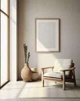 ai généré le rendu de une pièce avec une chaise, chaise, mur Cadre et neutre literie photo
