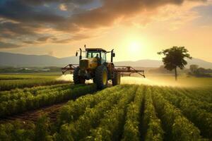 ai généré une tracteur pulvérisation un agricole champ à coucher de soleil, photo