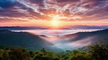 ai généré lever du soleil dans le brumeux Matin HD Contexte fond d'écran photo