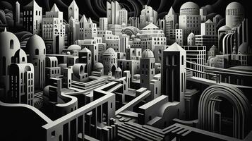 ai généré abstrait futuriste Maisons sur noir Contexte. surréaliste style photo