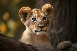 ai généré Lion lionceau dans la nature sur été forêt Contexte. fermer animal portrait. ai généré photo