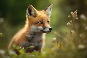 ai généré Renard lionceau dans la nature sur été forêt Contexte. fermer animal portrait. ai généré photo