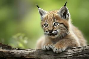 ai généré Lynx lionceau dans la nature sur été forêt Contexte. fermer animal portrait. ai généré photo