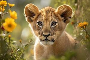 ai généré Lion lionceau dans la nature sur été forêt Contexte. fermer animal portrait. ai généré photo