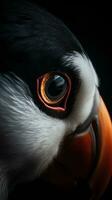 ai généré fermer macareux oiseau œil, portrait de animal sur foncé Contexte. ai généré photo