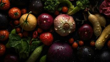 ai généré fermer de Frais des légumes avec l'eau gouttes sur foncé Contexte. en bonne santé nourriture concept photo