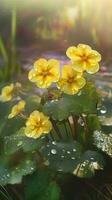 ai généré fermer primevère fleurs avec l'eau gouttelettes Contexte. été fond d'écran. ai généré photo