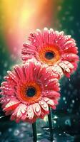 ai généré épanouissement gerbera fleurs avec gouttes de l'eau fermer Contexte. ai généré photo