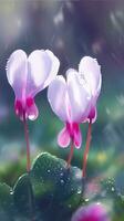 ai généré épanouissement cyclamen fleurs avec gouttes de l'eau fermer Contexte. floral fond d'écran. ai généré photo