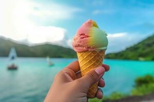 ai généré main en portant la glace crème sur le Contexte de le plage photo