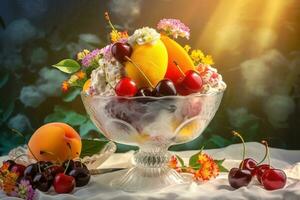 ai généré la glace crème décoré avec des fruits et fleurs sur le été Contexte photo