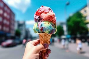 ai généré main en portant la glace crème sur le Contexte de une européen ville photo