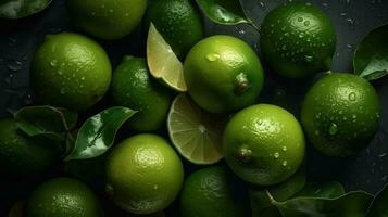 ai généré fermer de citrons verts avec l'eau gouttes sur foncé Contexte. fruit fond d'écran photo