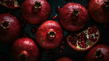 ai généré fermer de grenades avec l'eau gouttes sur foncé Contexte. fruit fond d'écran photo