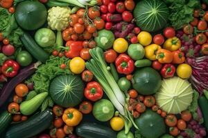 ai généré Frais mûr des légumes comme Contexte. Haut vue de Naturel légumes, plein écran image photo