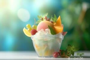 ai généré la glace crème décoré avec des fruits sur le été Contexte photo