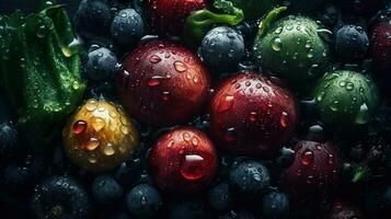 ai généré fermer de Frais des légumes avec l'eau gouttes sur foncé Contexte. en bonne santé nourriture concept photo