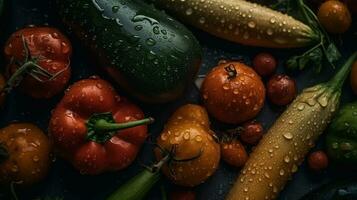 ai généré fermer de Frais des légumes avec l'eau gouttes sur foncé Contexte. en bonne santé nourriture concept photo