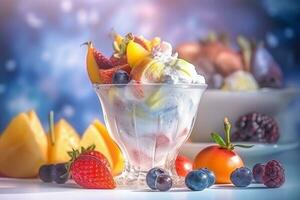 ai généré la glace crème décoré avec des fruits sur le été Contexte photo