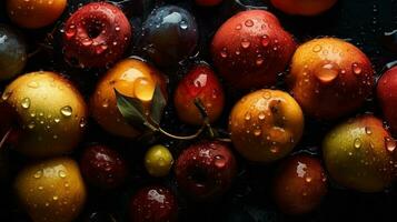 ai généré fermer de Frais des fruits avec l'eau gouttes sur foncé Contexte. en bonne santé nourriture concept photo