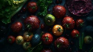 ai généré fermer de Frais des légumes avec l'eau gouttes sur foncé Contexte. en bonne santé nourriture concept photo