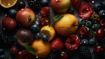 ai généré fermer de Frais des fruits avec l'eau gouttes sur foncé Contexte. en bonne santé nourriture concept photo