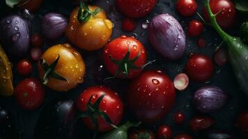 ai généré fermer de Frais des légumes avec l'eau gouttes sur foncé Contexte. en bonne santé nourriture concept photo