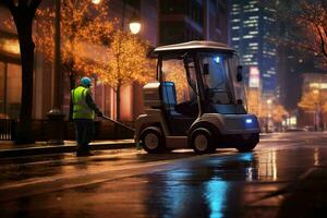 ai généré une solitaire rue balayeuse avec diligence à travail photo