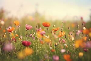 ai généré fleurs sauvages dans lumière du soleil fermer été Contexte. ai généré photo