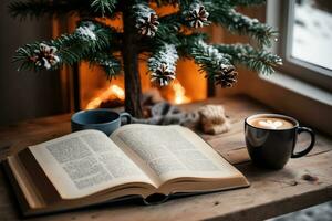 ai généré hiver Accueil confortable concept avec café et livre photo