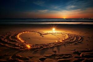 ai généré cœur forme fabriqué de lumières sur le plage à le coucher du soleil. généré par artificiel intelligence photo
