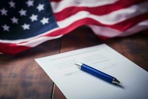 ai généré Etats-Unis drapeau sur une en bois table avec une Vide feuille de papier. génératif ai photo