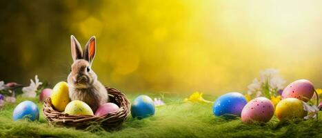 ai généré ai génératif, illustration de un Pâques Contexte avec une petit Pâques lapin et bleu, Jaune et rose des œufs sur vert herbe, soleil bokeh dans Contexte photo
