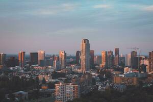 le coucher du soleil plus de Rotterdam ville centre et ses alentours parc. le coucher du soleil dans un de le plus moderne villes dans le Pays-Bas photo