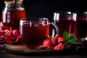 ai généré rouge thé avec hibiscus fleurs et feuilles photo