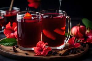 ai généré deux des lunettes de thé avec rouge baies et fleurs photo