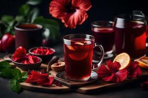 ai généré rouge thé avec hibiscus fleurs et des oranges photo