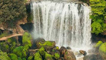 aérien vue de ça voilà - l'éléphant cascade, forêt et ville scène près dalat ville et ligne un pagode dans vietnam photo