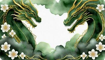 ai généré 2024 chinois Nouveau année bannière. année de le dragon modèle conception, orné avec dragons, des nuages, et fleurs sur une aquarelle Contexte. photo