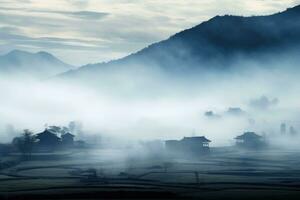 ai généré chinois village brumeux Matin Contexte fond d'écran photo