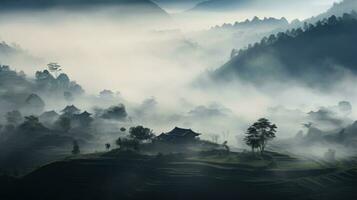 ai généré chinois village brumeux Matin Contexte fond d'écran photo