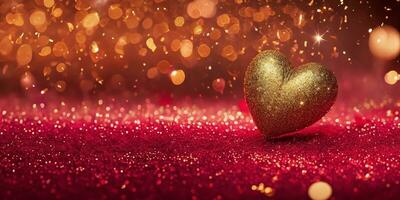 ai généré d'or cœur forme avec or et rouge pétillant particules pour décoration valentines journée Contexte. photo