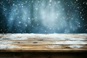 ai généré vide hiver bois planche planche table avec chute de neige ai généré photo