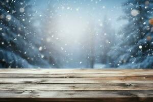 ai généré vide hiver bois planche planche table avec chute de neige ai généré photo