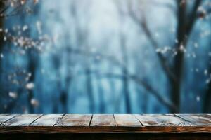 ai généré vide hiver bois planche planche table avec chute de neige ai généré photo