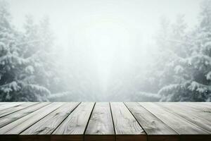 ai généré vide hiver bois planche planche table avec chute de neige ai généré photo