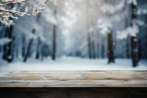 ai généré vide hiver bois planche planche table avec chute de neige ai généré photo