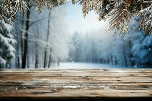 ai généré vide hiver bois planche planche table avec chute de neige ai généré photo