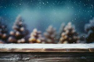 ai généré vide hiver bois planche planche table avec chute de neige ai généré photo