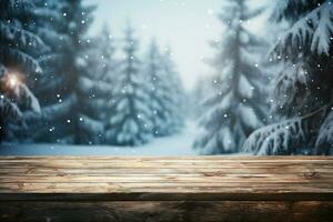 ai généré vide hiver bois planche planche table avec chute de neige ai généré photo